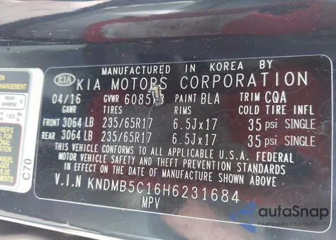 2017 Kia Sedona Lx z USA, uszkodzony, nr VIN KNDMB5C16H6231684